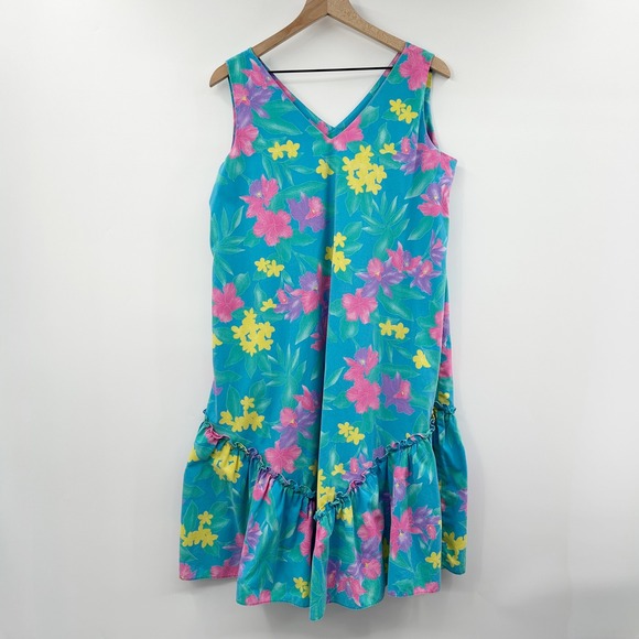 Vintage 90's Hawaiian Sleeveless Muumuu Dress Ruffle Floral in Teal Pink Yellow - Picture 1 of 8